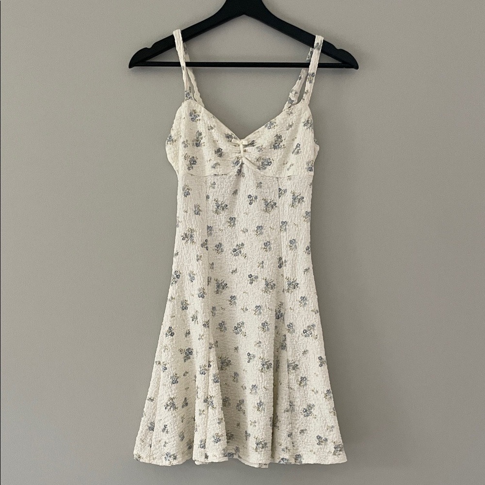Aeropostale Floral Mini Dress Womens XS White Blue Excellent Cottagecore Bow